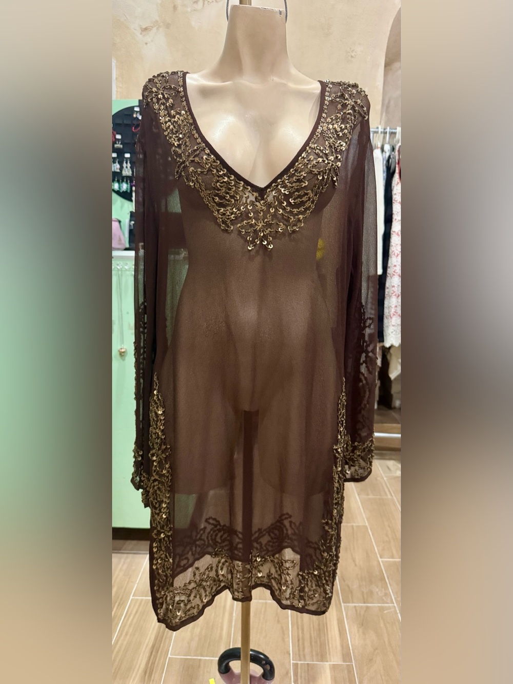 Zingara Gold Embroidered Sheer Kaftan Tunic Beach Swim Cover Up Sz 3